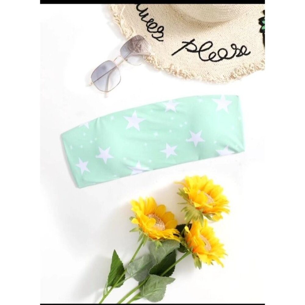Romwe Star Print Bandeau Swimsuit Top Women Large Mint Green White Padded Beachy